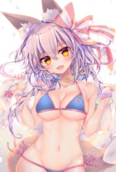  animal_ears bikini blue_bikini blush bow breasts cleavage collarbone commentary cowboy_shot fate/grand_order fate_(series) female fox_ears fox_tail groin hairbow innertube konno_kengo large_breasts long_hair looking_at_viewer micro_bikini navel oerba_yun_fang open_mouth pink_hair simple_background skin_fang solo striped striped_bow swim_ring swimsuit tail tamamo_(fate) tamamo_no_mae_(swimsuit_lancer)_(fate) white_hair yellow_eyes 