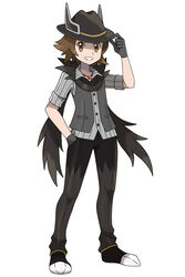  1boy absurdres asatsuki_(fgfff) black_pants black_scarf brown_eyes brown_hair buttons collared_shirt commentary_request floating_scarf full_body gloves grey_gloves grey_shirt grey_vest grin hand_in_pocket hand_up hat highres hilbert_(fall_2020)_(pokemon) hilbert_(pokemon) jewelry looking_at_viewer male_focus necklace official_alternate_costume pants pokemon pokemon_ears pokemon_masters_ex scarf shirt short_hair simple_background sleeves_rolled_up smile solo standing teeth vest white_background 