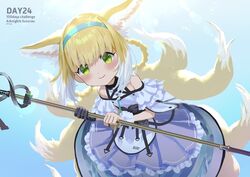  animal_ear_fluff animal_ears arknights bare_shoulders black_gloves blonde_hair blue_hairband blush braid braided_hair_rings character_name closed_mouth commentary_request copyright_name english_text eyebrows_hidden_by_hair female fox_ears fox_girl fox_tail frilled_skirt frills gloves green_eyes hair_rings hairband highres holding holding_staff kitsune looking_at_viewer makkuro multicolored_hair pleated_skirt purple_skirt shirt skirt smile solo staff suzuran_(arknights) tail twin_braids two-tone_hair white_hair white_shirt 