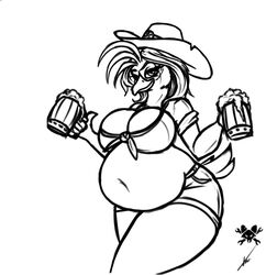  2016 5_fingers alcohol anthro avian bandana beak belly beverage big_belly big_breasts bird black_and_white bottomwear breasts chicken cleavage clothed clothing cowboy_hat curvy_figure deep_navel eyelashes feathers female fingers galliform gallus_(genus) hair hat headgear headwear hi_res holding_beverage holding_object hotpants kerchief looking_at_viewer love_handles midriff monochrome navel non-mammal_breasts overweight overweight_anthro overweight_female phasianid shirt shorts signature simple_background skimpy smile solo tacticalfur tail tail_feathers tankard thick_thighs tied_shirt topwear voluptuous white_background wide_hips ysabelle_kentuck 