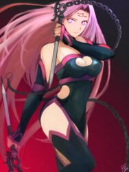  breasts cleavage cleavage_cutout clothing_cutout facial_mark fate/grand_order fate_(series) female forehead forehead_mark highres long_hair medusa_(fate) medusa_(rider)_(fate) medusa_(rider)_(third_ascension)_(fate) moedredd nameless_dagger_(fate) pink_hair purple_eyes red_background solo square_pupils very_long_hair 