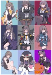  6+girls armband ascot bad_id bad_pixiv_id bare_shoulders bent_over beret black_gloves black_jacket black_pantyhose black_thighhighs blush body_armor bow brown_eyes brown_hair clming closed_mouth collage collage_background crossed_legs dress elbow_rest fingerless_gloves from_above full_body gift girls&#039;_frontline gloves gun h&amp;k_ump hair_between_eyes hair_ornament hair_ribbon halloween_costume halterneck hat high_heels highres jacket korean_commentary long_hair looking_at_viewer multiple_girls off_shoulder official_alternate_costume one_eye_closed one_side_up over_shoulder pantyhose pleated_skirt ribbon scar scar_across_eye scar_on_face scarf shirt short_sleeves simple_background sitting skirt smile standing submachine_gun thighband_pantyhose thighhighs ump45_(&quot;just_this_time.&quot;)_(girls&#039;_frontline) ump45_(agent_lop_rabbit)_(girls&#039;_frontline) ump45_(diamond_flower)_(girls&#039;_frontline) ump45_(girls&#039;_frontline) ump45_(mod3)_(girls&#039;_frontline) ump45_(the_wish-making_sorceress_of_fireworks)_(girls&#039;_frontline) wariza weapon weapon_over_shoulder wing_collar yellow_armband yellow_eyes zettai_ryouiki 