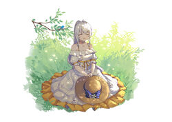  :d ahoge bare_shoulders blue_bow bow bra_strap branch choker closed_eyes dress facing_viewer female flower grass hat hat_flower highres holding holding_clothes holding_hat jiliang_jiying_yumao karu_(virtuareal) long_dress nijisanji off-shoulder_dress off_shoulder on_grass open_mouth outdoors ponytail ribbon sash sitting smile solo straw_hat teruterubouzu unworn_hat unworn_headwear v_arms virtual_youtuber virtuareal white_dress white_flower white_hair yellow_choker yellow_ribbon yellow_sash 