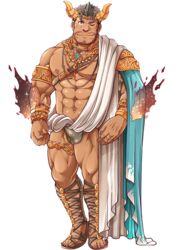  1boy abs ancient_greek_clothes bara beard belt bombom brown_eyes bulge cape closed_mouth dagon_(housamo) facial_hair full_body greco-roman_clothes grey_hair horns jewelry large_pectorals long_sideburns looking_at_viewer male_focus male_underwear mature_male muscular muscular_male navel nipples official_art one_eye_closed open_clothes pectorals revealing_clothes ring sideburns simple_background smile solo sparkle standing tachi-e third-party_source tokyo_afterschool_summoners transparent_background underwear 