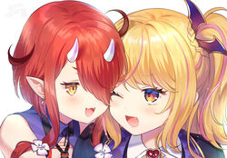  2girls bare_shoulders bat_hair_ornament blonde_hair blush commentary_request earrings fangs hair_ornament hair_over_one_eye hoozuki_warabe horns jewelry multicolored_hair multiple_girls noripro oerba_yun_fang okanoyuno one_eye_closed one_eye_covered one_side_up oni oni_horns open_mouth orange_eyes pink_hair pointy_ears red_hair virtual_youtuber yellow_eyes yumeno_lilith 