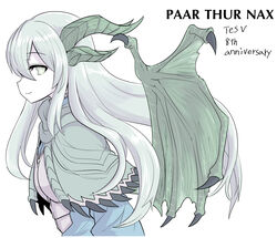  armor armored_dress capelet closed_mouth dragon dragon_girl dragon_horns dragon_wings female genderswap_(mtf) green_capelet green_eyes green_hair green_horns green_wings horns long_hair long_sleeves looking_at_viewer monster_girl multiple_horns okamura_(okamura086) paarthurnax personification rule_63 simple_background smile spikes the_elder_scrolls the_elder_scrolls_v:_skyrim upper_body white_background white_hair wings 