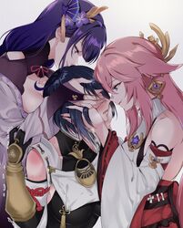  3girls bare_shoulders black_bodysuit black_hair blue_eyes blush bodysuit bow breasts bridal_gauntlets collarbone covering_eyes eyebrows_visible_through_hair flower genshin_impact hair_flower hair_ornament hand_on_another&#039;s_arm hand_on_another&#039;s_face japanese_clothes kimono kujou_sara long_hair multiple_girls negom off_shoulder pink_hair purple_eyes purple_hair raiden_shogun red_bow short_hair smile sweat touching vambraces white_background yae_(genshin_impact) yuri 