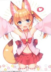  :d animal_ear_fluff animal_ears armpits arms_up bare_shoulders bell blue_eyes blush bow collarbone cowboy_shot detached_sleeves e-hentai_sample female fox_ears fox_girl fox_tail hair_ribbon heart highres image_sample jingle_bell kemomimi_oukoku_kokuei_housou long_hair long_sleeves looking_at_viewer mikoko_(kemomimi_oukoku_kokuei_housou) miniskirt navel oerba_yun_fang open_mouth orange_hair outstretched_arms pink_shirt pleated_skirt red_bow red_ribbon red_skirt ribbon sazaki_ichiri scan shirt skirt smile solo standing tail thighhighs twintails virtual_youtuber white_thighhighs wide_sleeves zettai_ryouiki 