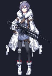  black_gloves black_pantyhose blue_eyes blush boots camouflage camouflage_coat camouflage_footwear closed_mouth coat collared_shirt commentary_request dragunov_svd female full_body fur-trimmed_coat fur_trim gloves goggles goggles_on_head grenade_launcher grey_background grey_skirt gun hair_between_eyes hair_ornament hairclip holding holding_gun holding_weapon looking_at_viewer m203 open_clothes open_coat original pantyhose pleated_skirt purple_hair rifle shirt sidelocks simple_background skirt sniper_rifle solo standing striped_clothes striped_skirt underbarrel_grenade_launcher vertical-striped_clothes vertical-striped_skirt weapon white_coat white_footwear white_shirt zhen_panxie 