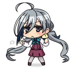  :&lt; ahoge boots bow bowtie chibi clenched_hand cross-laced_footwear dress female full_body ganbaru_pose grey_eyes grey_hair grey_pantyhose hair_between_eyes hair_bun halterneck kantai_collection kiyoshimo_(kancolle) lace-up_boots long_hair looking_at_viewer low_twintails multicolored_hair nemuou pantyhose pleated_dress puff_of_air purple_dress shirt simple_background single_hair_bun solo standing twintails very_long_hair white_background white_shirt 