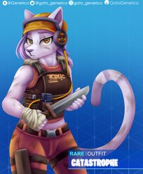  2019 absurd_res anthro catastrophe_(fortnite) clothed clothing digital_media_(artwork) electronics epic_games felid feline female fortnite fur gatogenerico hair headphones hi_res jacket knife looking_at_viewer mammal pink_hair solo topwear yellow_eyes 