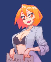  black_bra blue_background blush bra breasts cleavage collarbone commentary english_commentary female hcnone highres large_breasts long_sleeves looking_at_viewer oerba_yun_fang open_clothes open_mouth open_shirt orange_eyes orange_hair original pixel_art shirt short_hair simple_background smile solo sweatdrop underwear whiskey_(hcnone) white_shirt 