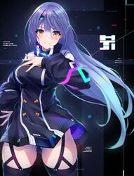  ass_visible_through_thighs barcode blue_hair blush braid chromatic_aberration closed_mouth commentary cowboy_shot dress english_text etra_(icetea) female fukai_ryosuke garter_straps hair_between_eyes hair_ornament hand_on_own_chest high_collar highres icetea long_sleeves looking_at_viewer official_art puffy_sleeves short_dress skindentation smile solo thighhighs virtual_youtuber yellow_eyes zettai_ryouiki 