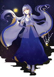  absurdres ahoge alternate_costume bell blue_hair blue_skirt collarbone commentary female floating floating_hair floating_object full_body glowing gohei grey_hair hair_bell hair_ornament hand_up highres holding holding_gohei japanese_clothes jiliang_jiying_yumao jingle_bell left-handed light_blue_hair long_hair long_skirt long_sleeves looking_at_object looking_to_the_side miko okobo oonusa open_mouth quad_tails sandals shide sidelocks skirt sky socks solo star_(sky) starry_background starry_sky stellated_octahedron tabi triangle triangle_print two-sided_fabric two-sided_skirt two-sided_sleeves very_long_hair vocaloid white_socks wide_sleeves xingchen yellow_eyes 