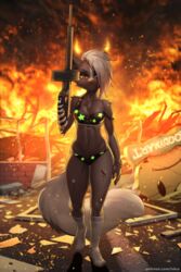  2022 2:3 aa-12 anthro bad_trigger_discipline biped black_body black_fur blood bodily_fluids bra broken_glass cereus93 clothed clothing collaboration destruction detailed_background digital_media_(artwork) female fire footwear full-length_portrait fur glass gun hair hair_over_eye hi_res holding_gun holding_object holding_ranged_weapon holding_weapon iskra leg_torture mammal mephitid off_shoulder one_eye_obstructed outside panties paws_in_socks portrait ranged_weapon shaded shotgun skunk smoke socks solo standing text underwear url weapon white_body white_fur white_hair wounded 