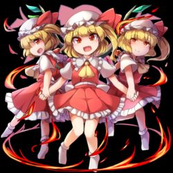  3girls ascot black_background blonde_hair blush commentary_request crystal fire flandre_scarlet four_of_a_kind_(touhou) full_body fun_bo hat holding_hands looking_at_viewer mob_cap multiple_girls multiple_persona no_shoes oerba_yun_fang open_mouth red_eyes red_skirt red_vest ring_of_fire shirt short_hair short_sleeves side_ponytail simple_background skirt slit_pupils smile socks the_three_graces touhou vest white_shirt white_socks wings yellow_ascot 