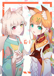  2girls :3 :d absurdres andou_inari andou_inari_official android animal_ear_fluff animal_ears blue_kimono blunt_bangs braid closed_mouth dated eyeshadow fingernails fox_ears fox_shadow_puppet fox_tail green_eyes grey_hair hair_ornament hairclip heterochromia highres japanese_clothes jiliang_jiying_yumao joints kimono looking_at_viewer low_twintails makeup medium_hair multiple_girls nijisanji obi open_mouth orange_hair pink_sash red_eyes robot robot_joints sash side_braids smile sumire_hina sumire_hina_official tail twintails virtual_youtuber virtuareal x_hair_ornament yellow_eyes 