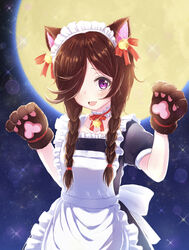  absurdres alternate_costume alternate_hairstyle animal_ears animal_hands blush braid brown_hair cat_ears collarbone commentary_request female full_moon hair_over_one_eye halloween highres horse_girl long_hair moon night purple_eyes rice_shower_(umamusume) sakurakkuma solo twin_braids umamusume 