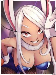  animal_ears blush boku_no_hero_academia breasts carrot dark-skinned_female dark_skin detached_collar eyelashes female fishnet_pantyhose fishnets food fur_collar gloves grin hair_over_shoulder hand_on_own_forehead hand_on_own_hip highres holding holding_carrot holding_food holding_vegetable large_breasts leaning_forward long_eyelashes long_hair looking_at_viewer mirko narrowed_eyes orange_eyes pankeiki pantyhose parted_bangs playboy_bunny rabbit_ears rabbit_girl rabbit_tail smile solo tail thick_eyebrows v-shaped_eyebrows vegetable w white_hair 