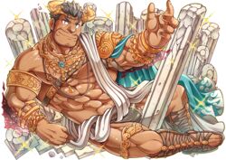  1boy abs bara beard belt bombom brown_eyes bulge cape dagon_(housamo) facial_hair full_body grey_hair horns jewelry large_pectorals long_sideburns looking_at_viewer male_focus male_underwear mature_male muscular muscular_male navel nipples official_art one_eye_closed open_clothes pectorals pillar revealing_clothes ring sideburns smile solo sparkle third-party_source tokyo_afterschool_summoners transparent_background underwear 