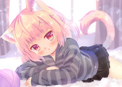  :o animal_ear_fluff animal_ears blonde_hair cat_ears cat_tail curtains female hood hood_down hoodie long_sleeves looking_at_viewer lying miniskirt on_stomach original pleated_skirt short_hair skirt sleeves_past_wrists sunlight tail umi_suzume window yarn yarn_ball 