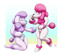  animate_inanimate anthro big_hair bikini bodily_fluids breasts canid canine canis clothing domestic_dog duo female female/female footprint forced_smile hair inflatable latex lavender_(rip_k) living_inflatable living_pool_toy long_ears mammal multicolored_body nervous_smile nozzle pawprint permagrin pink_body pink_cheeks poodle pool_toy puffy purple_body rip_k rip_kackel simple_background sitting sitting_on_knees smile snout standing sweat sweatdrop swimwear teeth two_tone_body 