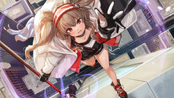  angelina_(arknights) animal_ears arknights bare_legs black_footwear black_gloves black_shirt black_shorts blush boots breasts brown_hair city coat collarbone commentary_request day female fox_ears from_above gloves hairband hellnyaa highres holding holding_staff long_hair long_sleeves looking_at_viewer medium_breasts outstretched_arm reaching red_eyes red_hairband shirt short_shorts shorts smile solo staff twintails white_coat 