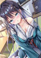  :o bare_shoulders blue_eyes blurry blurry_background blush breasts cleavage collarbone dutch_angle female flower hair_flower hair_ornament indoors japanese_clothes kimono long_hair nae-nae original parted_lips purple_hair sitting solo table television white_kimono 