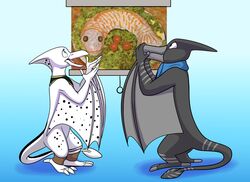  black_body black_scales duo extinct fish foxenawolf gradient_background marine membrane_(anatomy) membranous_wings mostly_nude prehistoric_species pteranodontid pterosaur reptile scales scalie scarf scarf_only simple_background white_body white_scales wings 