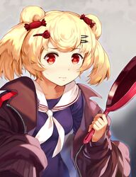  animal_ears arknights bear_ears bear_girl blonde_hair breasts brown_jacket candy_hair_ornament commentary_request female food-themed_hair_ornament frying_pan grey_background gummy_(arknights) hair_ornament holding holding_frying_pan jacket junshi_(junbox) long_sleeves looking_at_viewer medium_breasts off_shoulder open_clothes open_jacket purple_shirt red_eyes sailor_collar sailor_shirt shirt short_hair solo twintails upper_body white_sailor_collar 