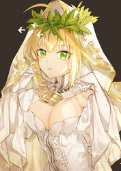  ahoge bare_shoulders blonde_hair blush breasts bridal_veil chains cleavage detached_collar detached_sleeves elbow_gloves fate/extra fate/extra_ccc fate_(series) female full-length_zipper gloves green_eyes hair_between_eyes hair_intakes hands_up head_wreath highres large_breasts leotard lock long_hair long_sleeves looking_at_viewer nero_claudius_(bride)_(fate) nero_claudius_(bride)_(third_ascension)_(fate) nero_claudius_(fate) padlock parted_lips rizu033 smile veil white_gloves white_leotard white_sleeves wide_sleeves zipper 