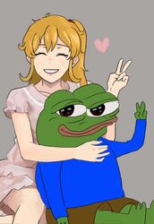  1boy 4chan apu_apustaja ashbie_the_aspie_girl bad_id bad_twitter_id blonde_hair boy&#039;s_club closed_eyes colored_skin dress female frilled_sleeves frills frog green_skin grey_background hair_between_eyes heart highres inactive_account messy_hair pepe_the_frog personification pink_dress ponytail teeth v wani_(perfect_han) 