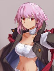  alchemy_stars alternate_eye_color bandaged_neck bandages bandeau black_coat black_gloves breasts chest_sarashi coat commentary female gloves grey_background hiiro_(alchemy_stars) junshi_(junbox) large_breasts long_sleeves looking_at_viewer midriff navel no_shirt open_clothes open_coat pink_hair red_eyes sarashi short_hair simple_background solo stomach strapless tube_top upper_body 