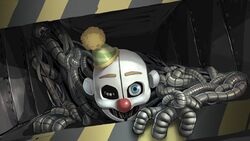  1other air_vent all_fours blue_eyes cable clown_nose commentary_request crawling ennard extra_eyes five_nights_at_freddy&#039;s five_nights_at_freddy&#039;s:_sister_location hat highres looking_at_viewer missing_eye open_mouth oyoso_goku party_hat robot solo 