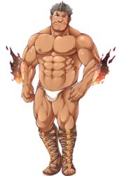  1boy abs bara beard bombom brown_eyes bulge closed_mouth dagon_(housamo) facial_hair full_body grey_hair large_pectorals long_sideburns looking_at_viewer male_focus male_underwear mature_male muscular muscular_male navel nipples official_art one_eye_closed pectorals sideburns simple_background smile solo sparkle standing stomach tachi-e third-party_source tokyo_afterschool_summoners topless_male transparent_background underwear underwear_only 