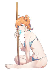  ahoge bare_arms bare_legs bare_shoulders barefoot bikini blue_bikini blue_eyes breasts female fingernails food from_side hair_ornament halterneck highres ichigo_(virtuareal) jiliang_jiying_yumao large_breasts looking_at_viewer looking_to_the_side mouth_hold nail_polish navel nijisanji one_side_up orange_hair pink_nails popsicle simple_background smile solo sweat swimsuit virtual_youtuber virtuareal white_background 