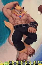  5_toes abs armpit_hair bandai_namco belt big_muscles blonde_hair body_hair bottomwear clothed clothing digimon digimon_(species) ear_piercing feet hair hi_res leomon looking_at_viewer male muscular muscular_male nipples pants pecs piercing scar smile solo spectral-bat toes topless 