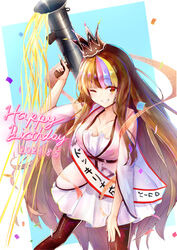  birthday_sash breasts brown_eyes cleavage collarbone commentary confetti cowboy_shot crown dated dress female galaco galaco_(neo) grin gun hand_on_own_thigh hand_up happy_birthday highres holding holding_gun holding_weapon long_hair looking_at_viewer lukky_clover medium_breasts multicolored_hair one_eye_closed pink_dress pleated_dress rocket_launcher sash shoulder_sash smile solo standing streaked_hair streamers translated very_long_hair vocaloid weapon 