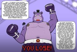  animatronic anthro bodily_fluids boxing_gloves clothed clothing common_hippopotamus english_text five_nights_at_freddy&#039;s handwear hi_res hippopotamid humor hunter-husky machine male mammal mr._hippo_(fnaf) musclegut muscular nipples open_mouth purple_eyes robot scottgames sweat text tl;dr topless 