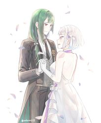  1boy bare_shoulders closed_mouth collar commentary couple dress female flower formal fortuna_(re:zero) green_hair hair_flower hair_ornament highres lce long_hair low-tied_long_hair necktie open_mouth petals petelgeuse_romaneeconti re:zero_kara_hajimeru_isekai_seikatsu ribbon rose smile straight suit symbol-only_commentary wedding wedding_dress white_flower white_hair white_rose 