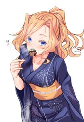  blue_eyes blush breasts collarbone cowboy_shot eating female fireworks_print food highres honolulu_(kancolle) japanese_clothes kantai_collection kimono large_breasts long_hair looking_at_viewer nagisa_nagi official_alternate_costume official_alternate_hairstyle orange_hair ponytail print_kimono takoyaki tears white_background yukata 