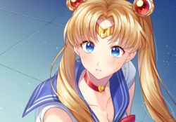  bishoujo_senshi_sailor_moon bishoujo_senshi_sailor_moon_s blonde_hair blue_eyes blue_sailor_collar breasts choker circlet cleavage collarbone collared_shirt commentary crescent crescent_earrings derivative_work double_bun earrings female hair_bun hair_intakes heart heart_choker highres jewelry koyoka long_hair magical_girl medium_breasts meme parted_lips red_choker sailor_collar sailor_moon sailor_moon_redraw_challenge_(meme) sailor_senshi_uniform sailor_shirt screenshot_redraw shirt sleeveless sleeveless_shirt solo sweatdrop tsukino_usagi upper_body very_long_hair white_shirt 