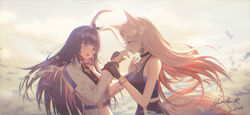  2girls a-soul animal_ear_fluff animal_ears bad_id bad_pixiv_id bare_shoulders bella_(a-soul) biting biting_another&#039;s_finger black_choker black_dress blunt_bangs choker commentary dress earrings eileen_(a-soul) hair_ornament hair_ribbon hairband highres jewelry light_brown_hair long_hair multicolored_hair multiple_girls oerba_yun_fang open_mouth parted_bangs pink_hair purple_eyes purple_hair purple_hairband purple_ribbon ribbon sleeveless sleeveless_dress star_(symbol) star_hair_ornament teeth two-tone_hair upper_teeth_only very_long_hair virtual_youtuber white_dress yuri yurichtofen 