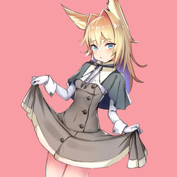  :/ animal_ears blue_eyes blush breasts capelet closed_mouth colored_inner_hair copyright_request cowboy_shot dress female fox_ears gloves grey_capelet grey_dress grey_neckwear grey_ribbon hair_intakes kagawa_ichigo legs_together long_hair looking_at_viewer multicolored_hair neck_ribbon original pink_background purple_hair ribbon simple_background skirt_hold small_breasts solo white_gloves wrist_cuffs 