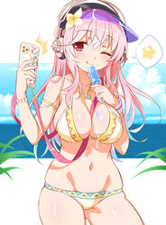  beach bikini breasts cellphone cleavage cowboy_shot female food headphones highres holding holding_phone large_breasts long_hair nitroplus one_eye_closed outstretched_arm phone pink_eyes pink_hair popsicle selfie smartphone solo super_sonico swimsuit taking_picture wanaca 