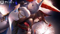  2girls akagi_(azur_lane) akagi_(plum_and_snow)_(azur_lane) an_yasuri animal_ears azur_lane bangs banned_artist black_gloves black_kimono blue_eyes brown_hair closed_mouth copyright_name eyebrows_visible_through_hair fingerless_gloves fireworks fox_ears fur-trimmed_kimono fur_trim gloves hair_ornament hairclip highres holding holding_umbrella japanese_clothes kaga_(azur_lane) kaga_(white_fox&#039;s_new_year)_(azur_lane) kimono long_hair looking_at_viewer multiple_girls nengajou new_year official_alternate_costume oil-paper_umbrella red_eyes short_hair smile umbrella upper_body white_gloves white_hair white_kimono 