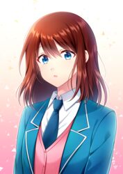  anzu_(ensemble_stars!) blue_eyes blue_jacket blue_necktie brown_hair collared_shirt ensemble_stars! female gradient_background hair_between_eyes jacket koyoka long_hair necktie open_clothes open_jacket open_mouth pink_background pink_vest school_uniform shirt solo straight_hair upper_body vest white_background white_shirt wing_collar yumenosaki_school_uniform 