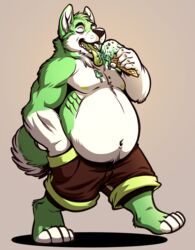  anthro belly bottomwear canid canine canis clothed clothing dessert domestic_dog food fur green_body green_fur hi_res husky ice_cream male mammal neodokuro nipples nordic_sled_dog pants simple_background solo spitz teeth tongue topless 