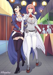  2girls absurdres ark_royal_(azur_lane) ark_royal_(kancolle) azur_lane black_hair black_legwear blue_eyes blue_sleeves blunt_bangs bob_cut boots check_commentary cleavage_cutout clothing_cutout commentary_request corset crossover fingerless_gloves garter_straps gloves hair_over_one_eye hairband high_heel_boots high_heels highres historical_name_connection hull_shoes jacket kantai_collection liuchuu long_sleeves multiple_girls name_connection overskirt pantyhose pencil_skirt red_hair red_jacket red_ribbon ribbon shoes short_hair shorts skirt summer_festival thigh_boots thighhighs tiara tsurime waistcoat white_pantyhose white_shorts 