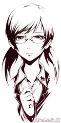  closed_mouth collared_shirt commentary_request copyright_name evangelion:_1.0_you_are_(not)_alone female glasses greyscale hand_up highres ina_(gokihoihoi) long_sleeves looking_at_viewer makinami_mari_illustrious monochrome neon_genesis_evangelion nerv rebuild_of_evangelion shirt simple_background solo twintails white_background 